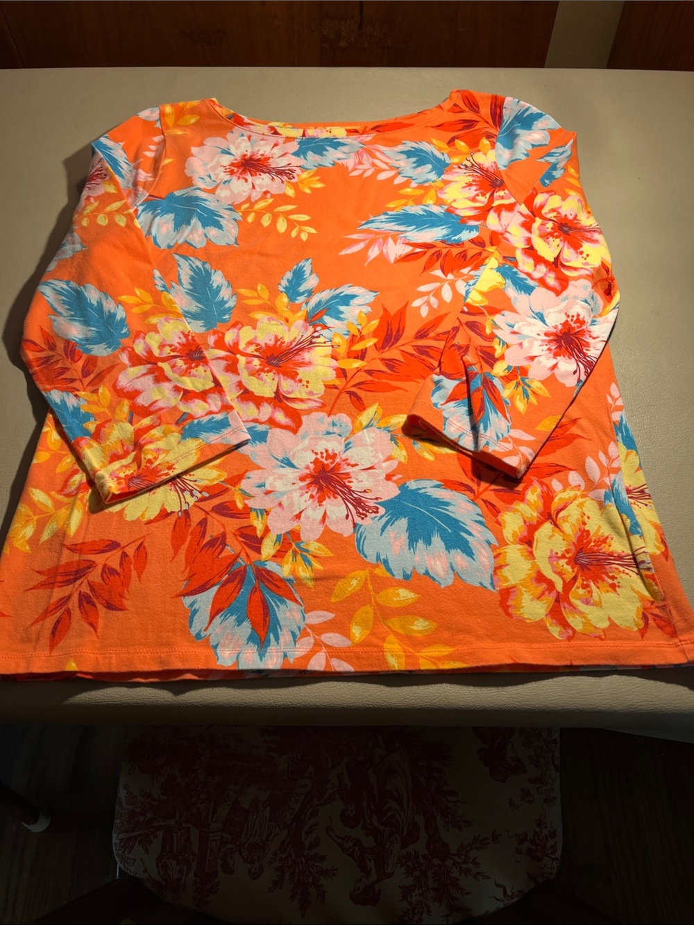 Talbots Orange and Yellow Floral-Trim Cotton Tee
